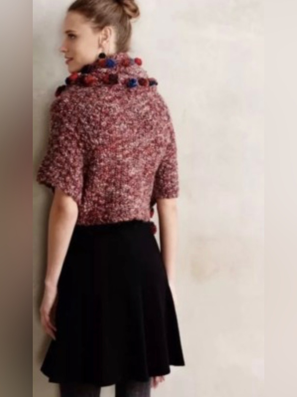 Anthropologie Womens Handknit By Dollie Cropped Handknit Pom Wrap Cardigan Scarf - Picture 12 of 12